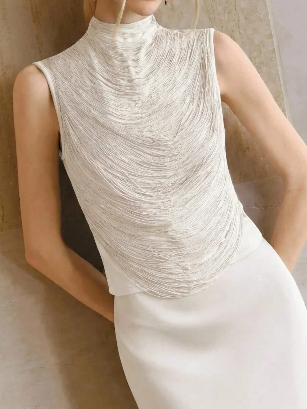 White Casual Women's Sleeveless High Neck Fringe Patchwork Top Vest